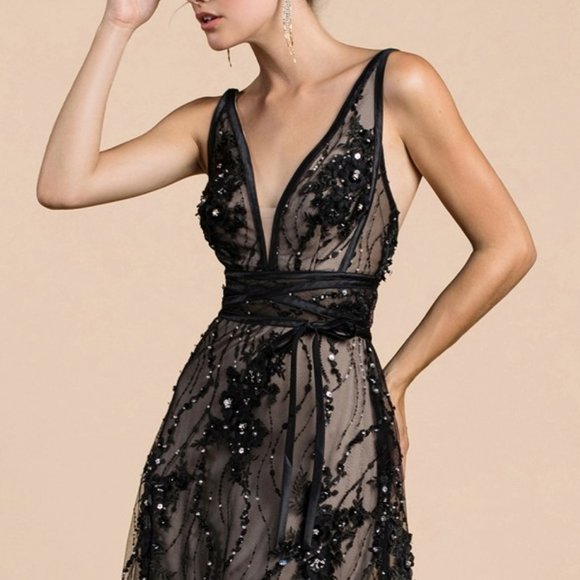 Cinderella Dresses & Skirts - Black/Nude V-Neck Beaded Evening open back  Party Prom Dress Gown CD0464